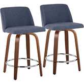 Toriano 24" Swivel Counter Stool in Walnut Wood & Blue Fabric with Chrome Footrest (Set of 2)